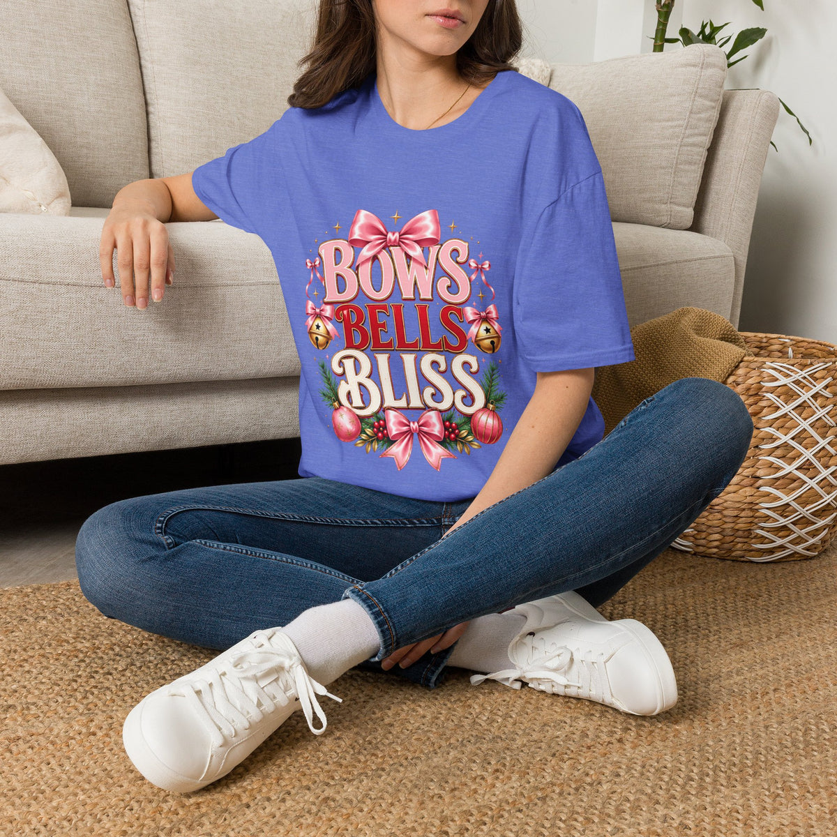 T-Shirt — "Bows Bells Bliss" Pink Holiday Graphic Tee