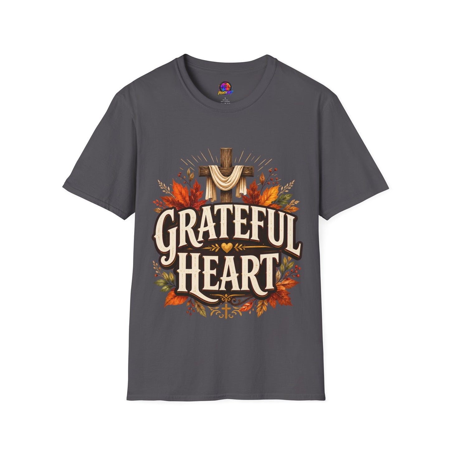 Grateful Heart T-Shirt — Christian Cross & Autumn Leaves Thanksgiving Tee