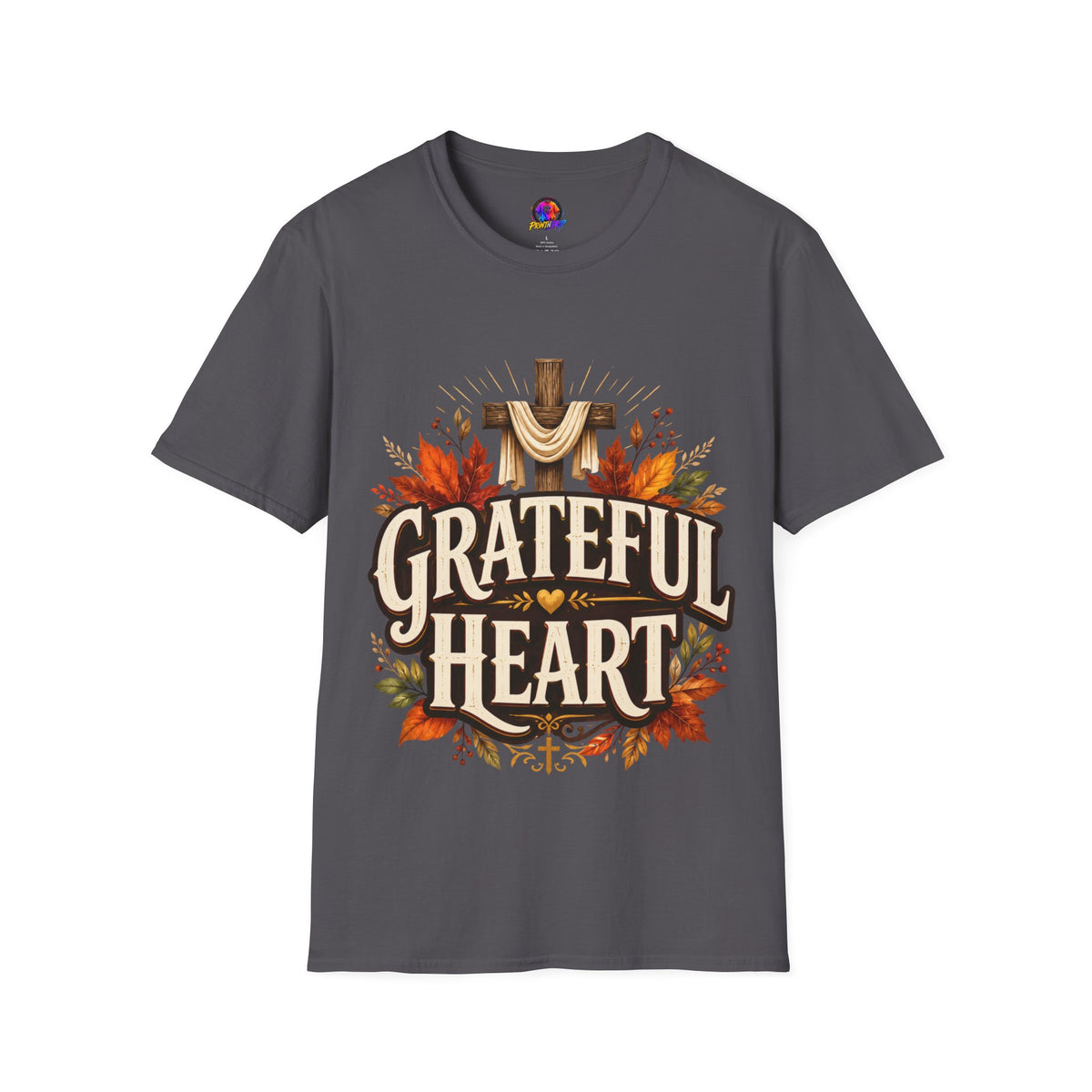 Thanksgiving T-Shirt Grateful Heart T-Shirt — Christian Cross & Autumn Leaves Thanksgiving Tee