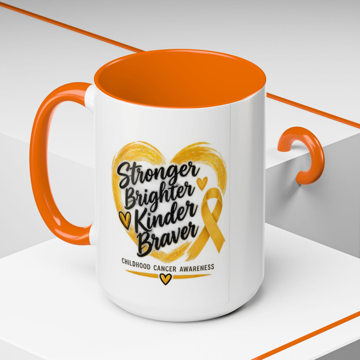 Childhood Cancer Awareness Accent Coffee Mug — "Stronger Brighter Kinder Braver"