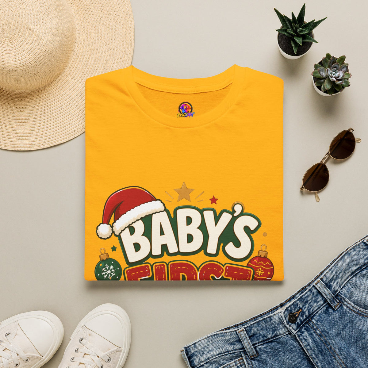 Baby's First Christmas T-Shirt — Festive Santa Hat & Ornaments Holiday Tee
