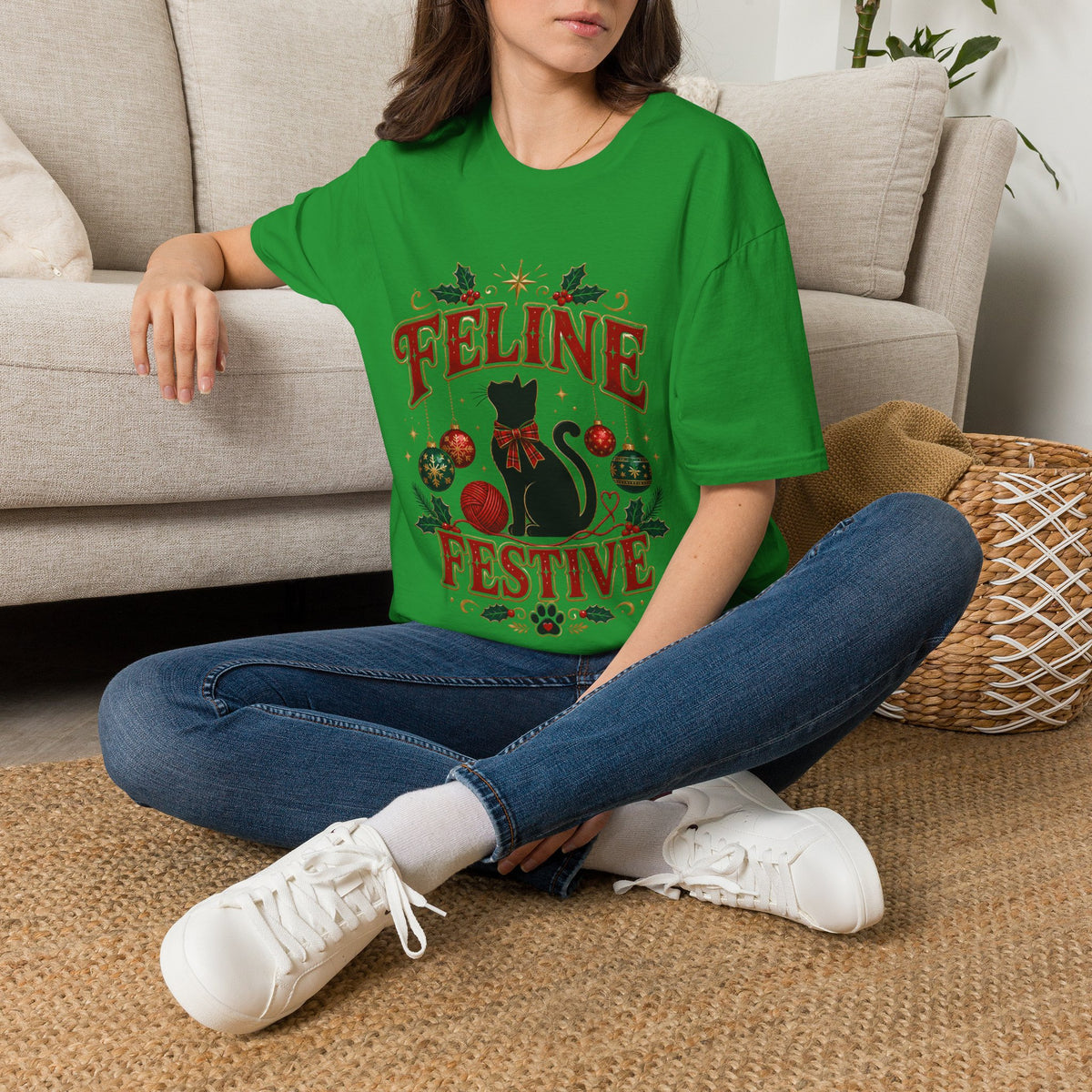 Feline Festive T-Shirt — Cute Black Cat Christmas Holiday Tee