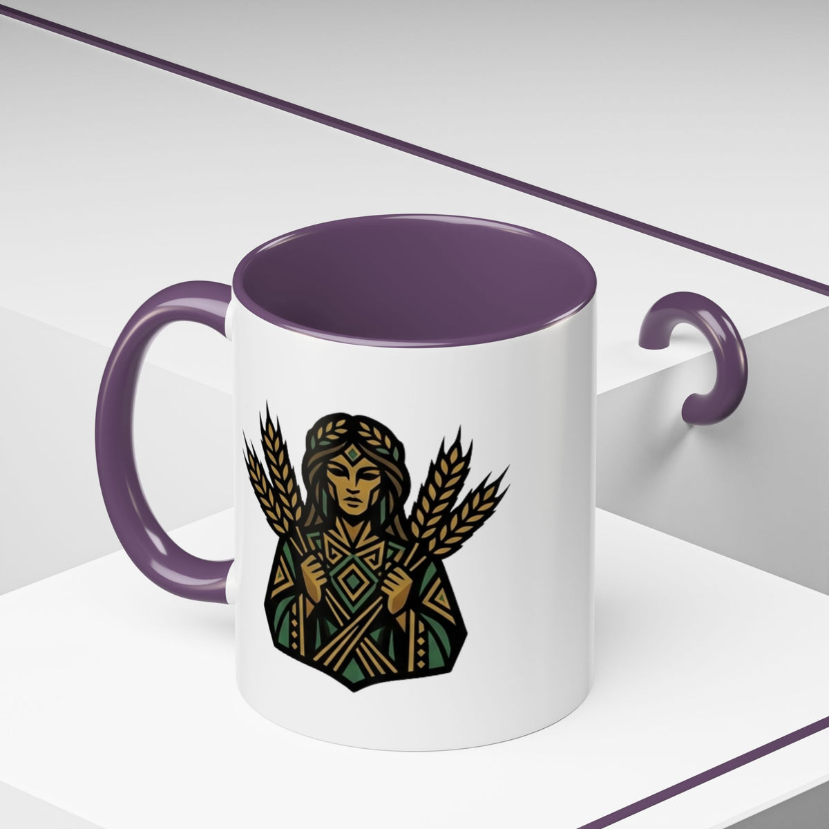Virgo Zodiac Harvest Goddess Accent Coffee Mug — Rustic Wheat & Earthy Green Tribal Design