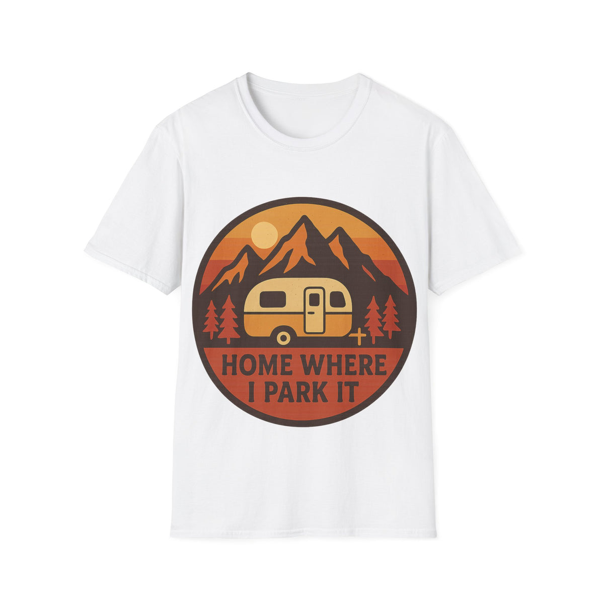 "Home Where I Park It" Vintage Camper Van Graphic Tee - Retro Sunset Mountain White T-Shirt - Trending Now - September 2026
