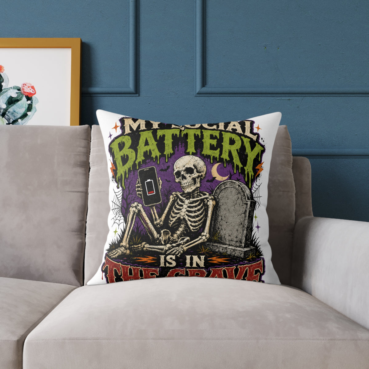 Halloween Skull Pillow — “My Social Battery Is In The Grave” Gothic Decorative Throw Pillow