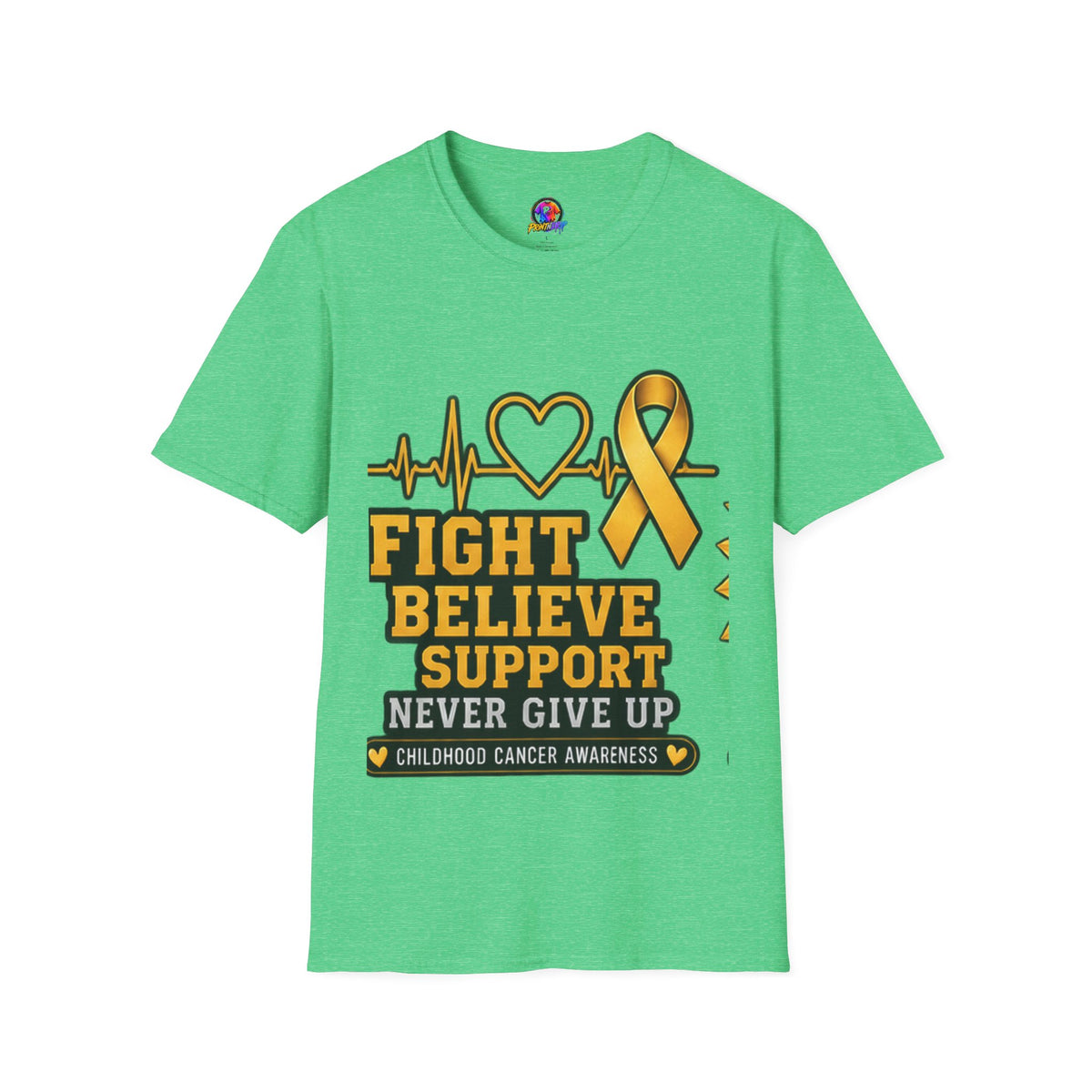 Childhood Cancer Awareness T-Shirt – "Fight Believe Support Never Give Up" Gold Ribbon Tee