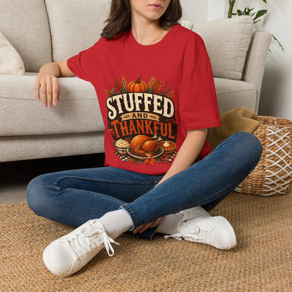 Stuffed and Thankful T-Shirt — Thanksgiving Pumpkin Fall Graphic Tee