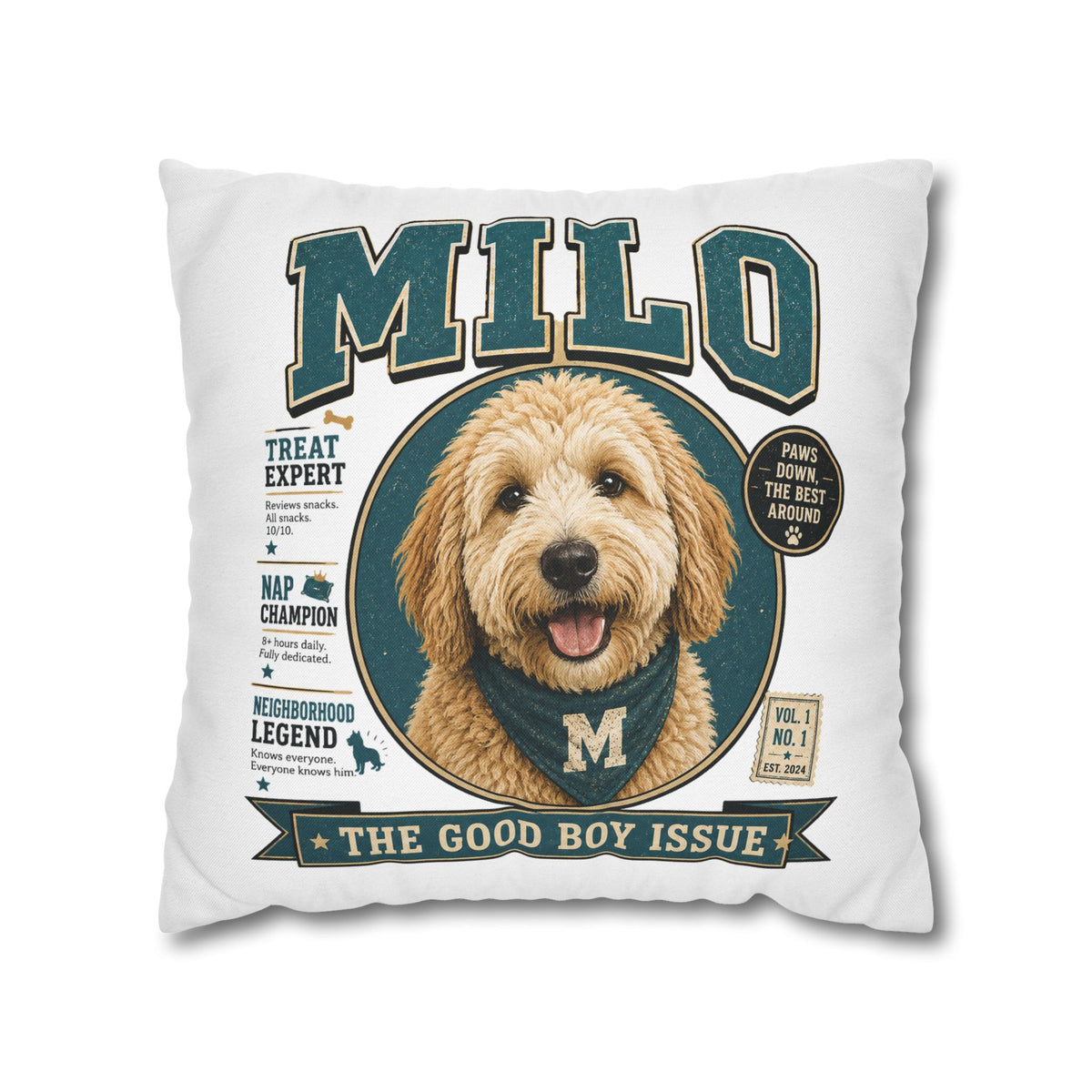 Milo 'The Good Boy Issue' Decorative Pillowcase – Personalized Dog Portrait Accent Pillowcase Milo Bailey Dog Dad Mom