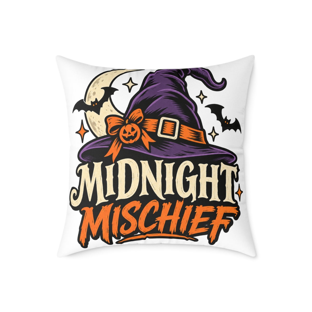 Midnight Mischief Halloween Pillow – Witch Hat & Bats Decorative Throw Pillow