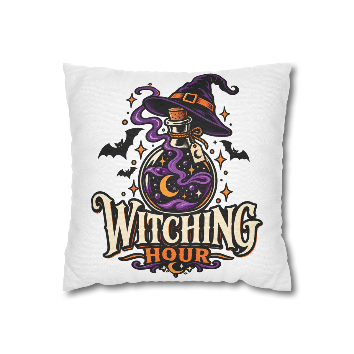Witching Hour Square Pillowcase – Halloween Potion Witch Hat Throw Pillow Cover