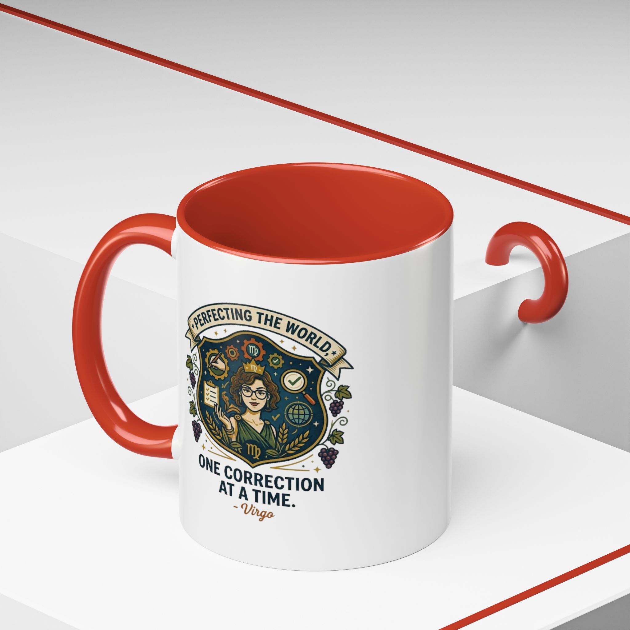 Virgo Coffee Mug — "Perfecting the World: One Correction at a Time" Accent Astrology Gift
