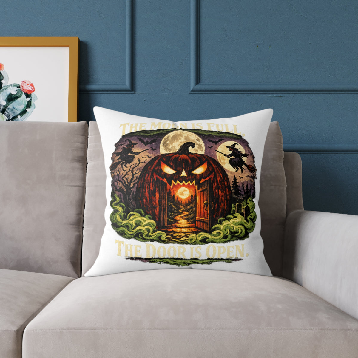 Halloween Pumpkin Doorway Square Pillow — Spooky Haunted House Decorative Throw Pillow