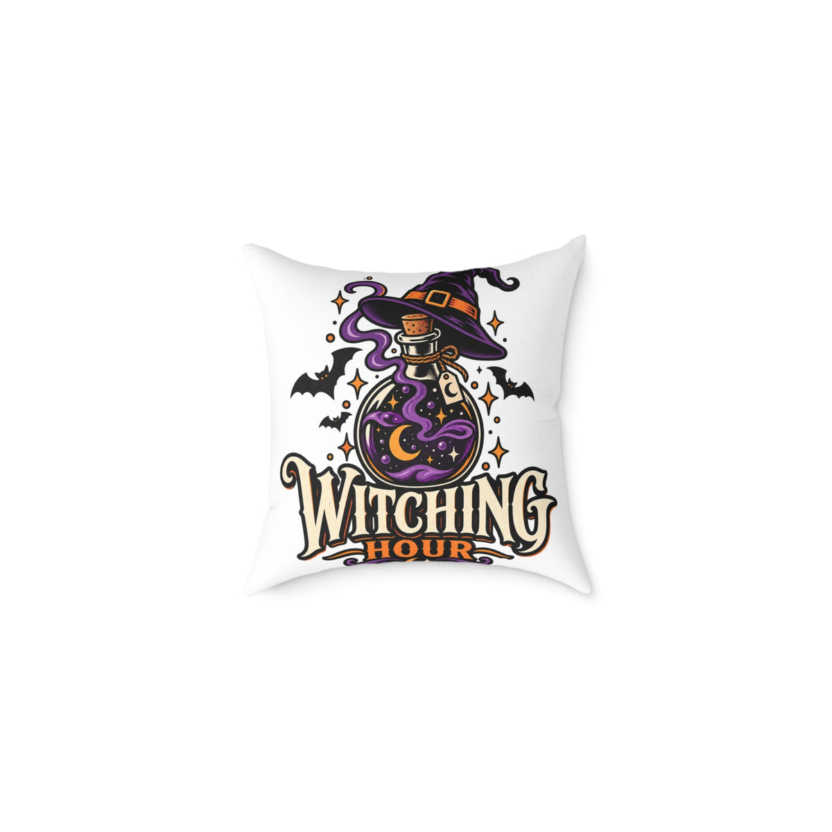 Witching Hour Halloween Decorative Pillow — Witch Hat & Potion Bottle Design