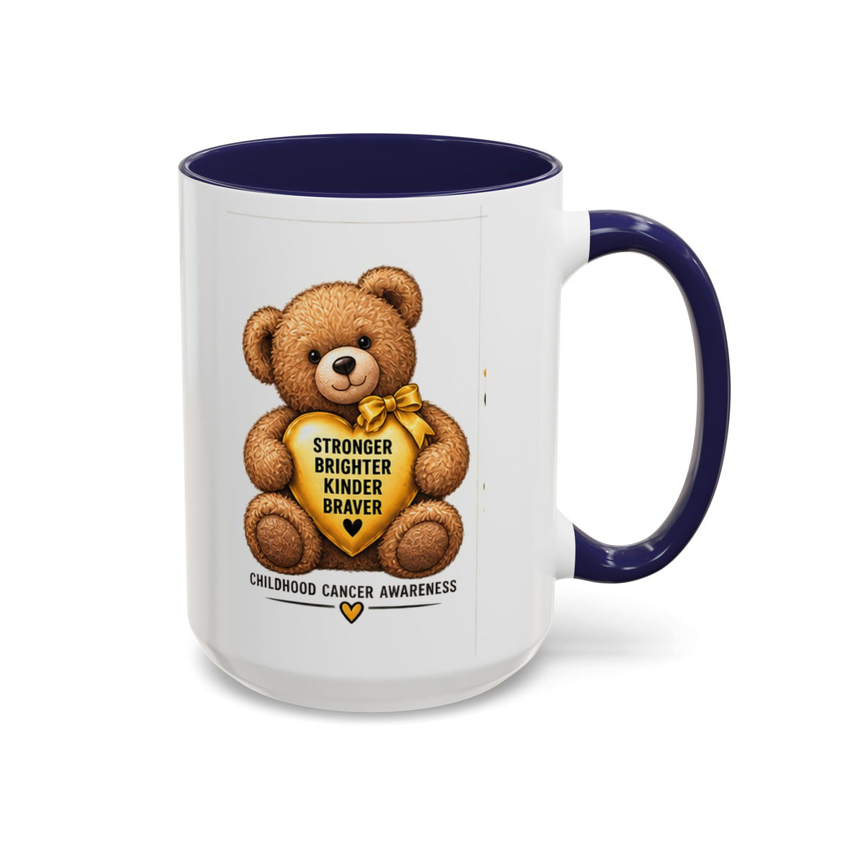 Childhood Cancer Awareness Coffee Mug — 'Stronger Brighter Kinder Braver' Teddy