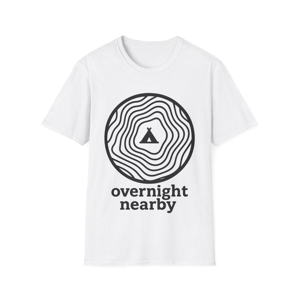 "Overnight Nearby" Tree Ring Mountain Graphic Tee - Minimalist Outdoor Camping White T-Shirt - Trending Now - September 2026