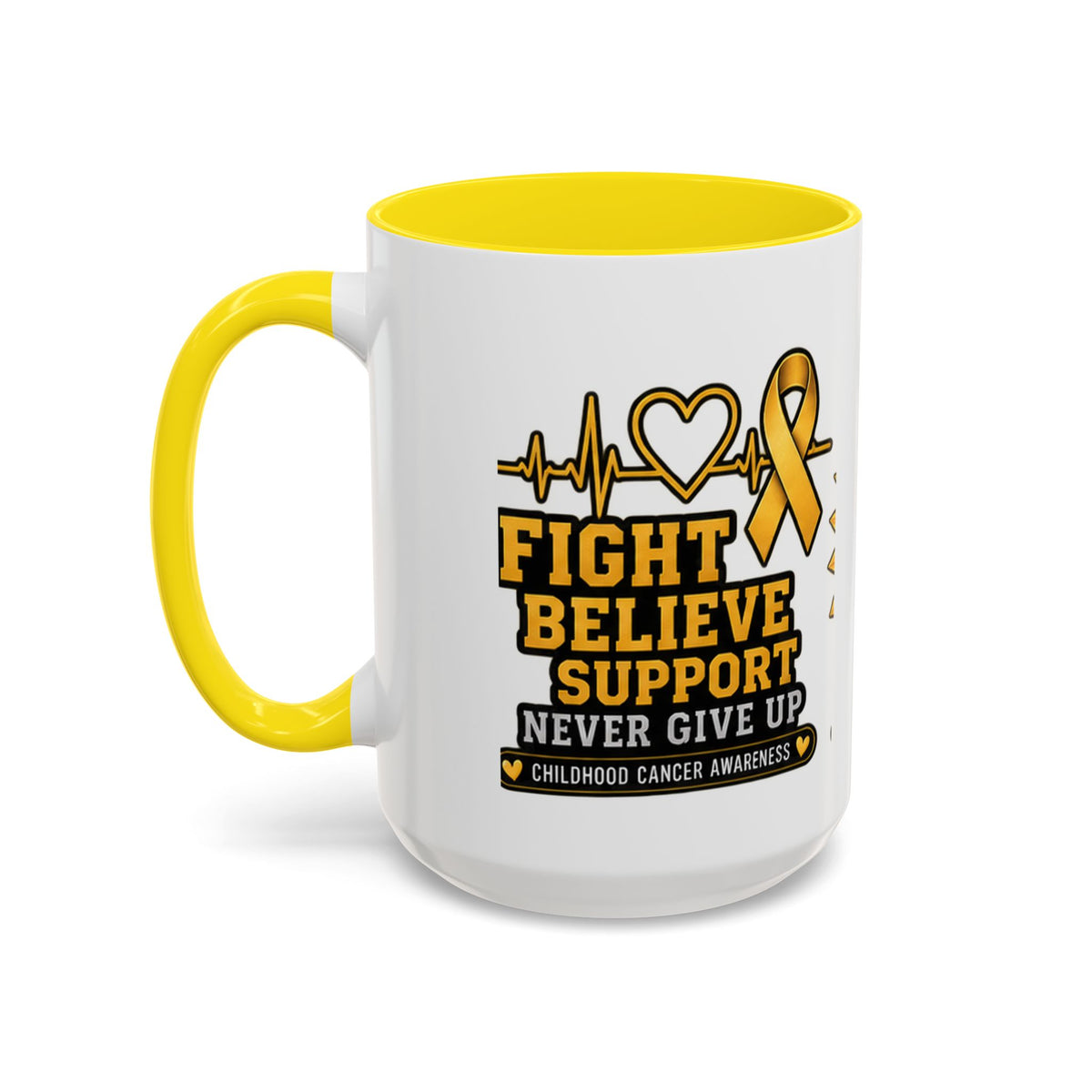 Childhood Cancer Awareness Accent Coffee Mug — "Fight Believe Support" 11/15oz