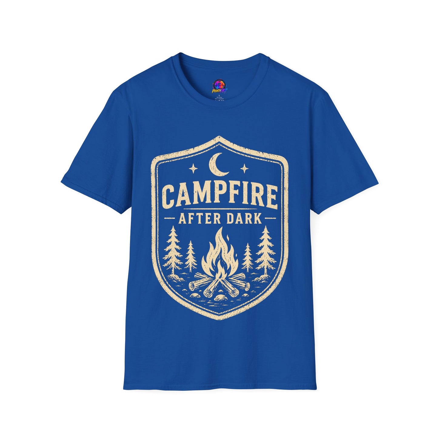 Campfire After Dark T-Shirt — Retro Camping Badge Tee for Outdoor Lovers