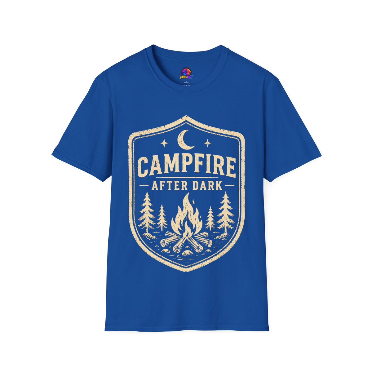 Campfire After Dark T-Shirt — Retro Camping Badge Tee for Outdoor Lovers