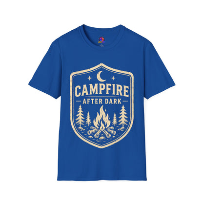 Campfire After Dark T-Shirt — Retro Camping Badge Tee for Outdoor Lovers