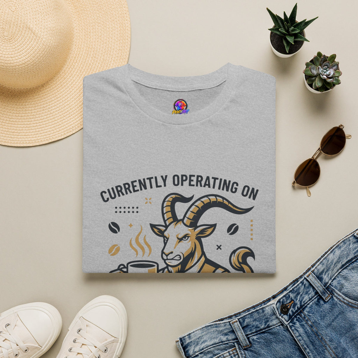 Capricorn T-Shirt — "Currently Operating on Caffeine and Spite" Zodiac Goat Tee