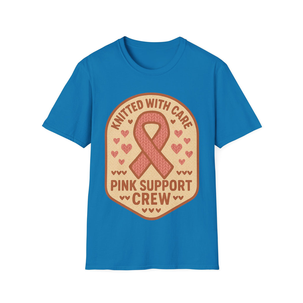 Pink Support Crew Knitted With Care Shield Badge T-Shirt, Breast Cancer Awareness Tee - Trending Now - September 2026
