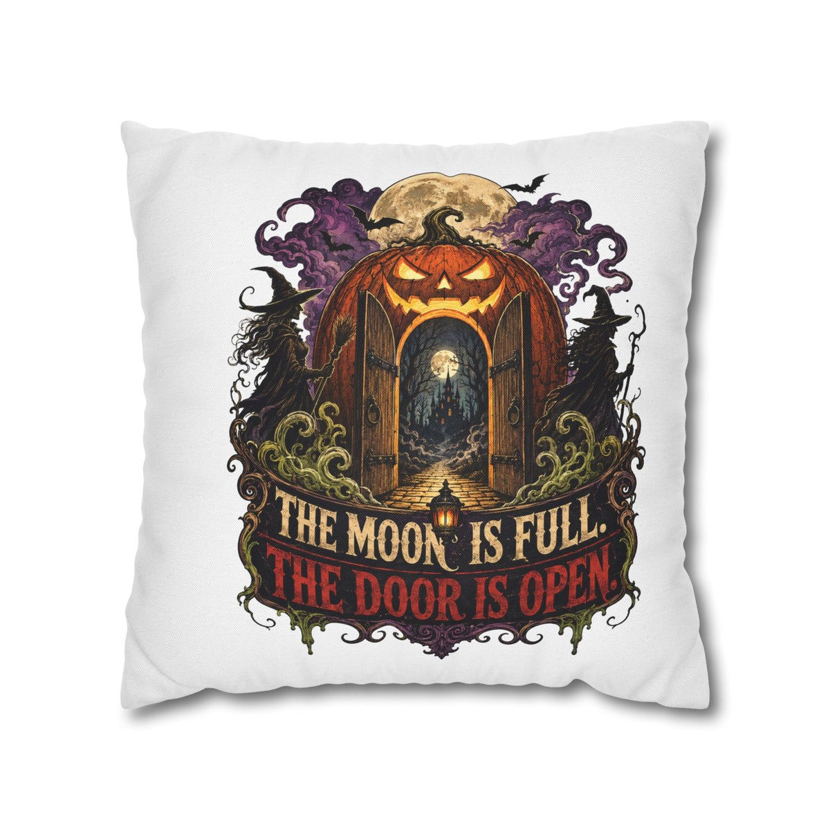 Halloween Pumpkin Door Pillowcase - "The Moon Is Full, The Door Is Open" Spun Polyester Throw Pillow