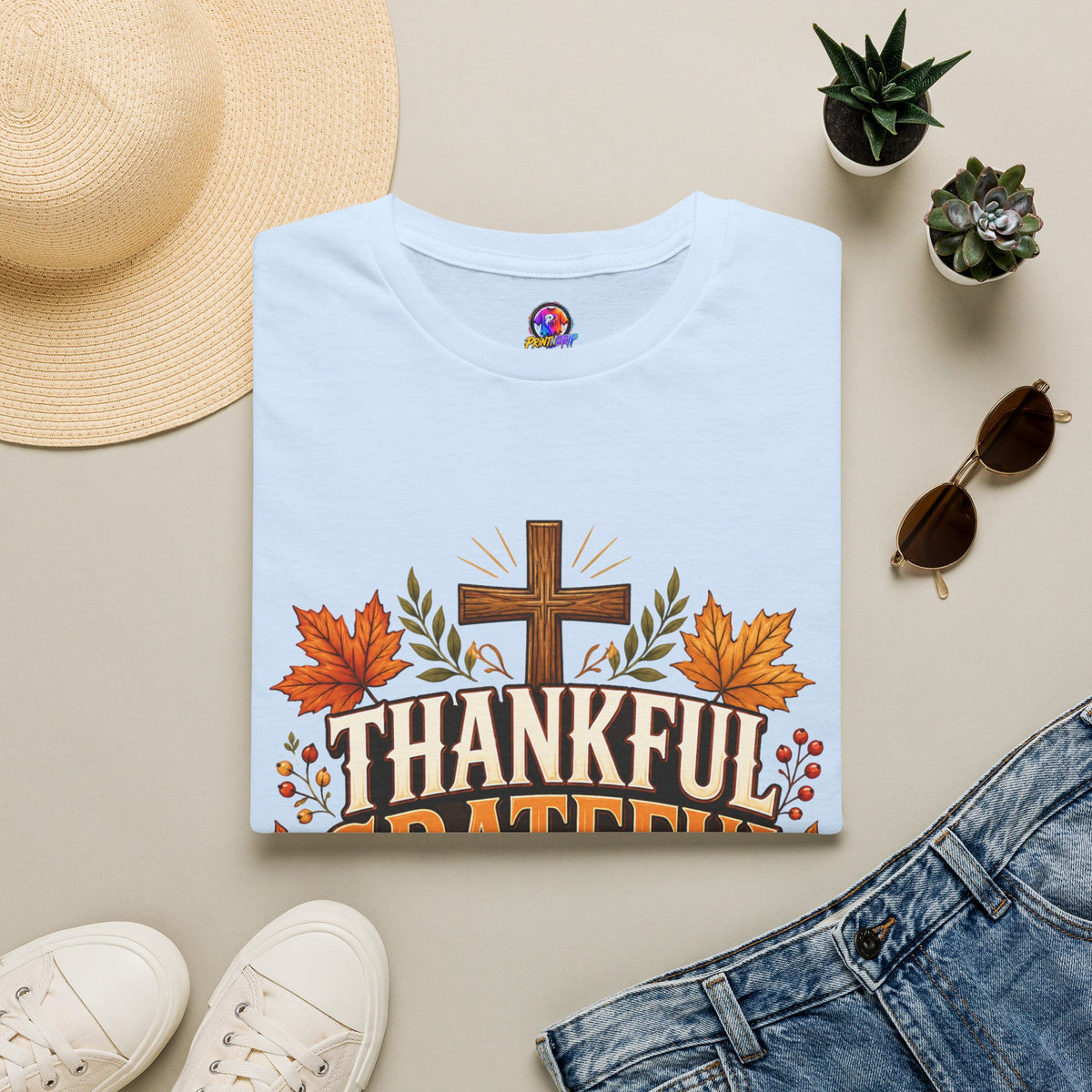 Thanksgiving T-Shirt Thankful Grateful Blessed T-Shirt — Fall Thanksgiving Christian Tee