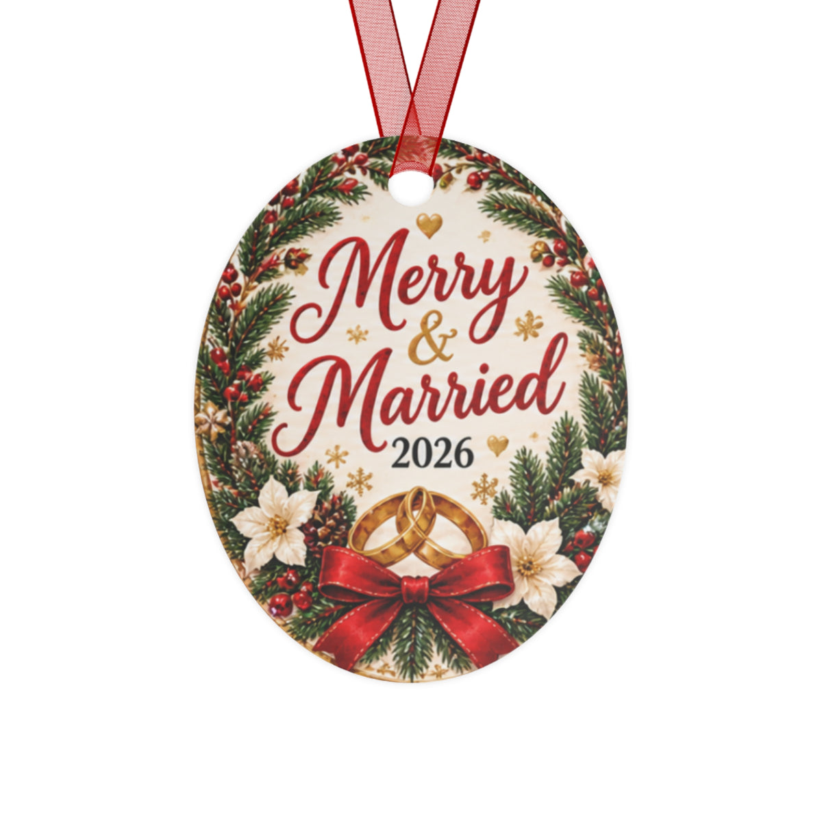 Merry & Married 2026 Metal Ornament — Christmas Wedding Keepsake