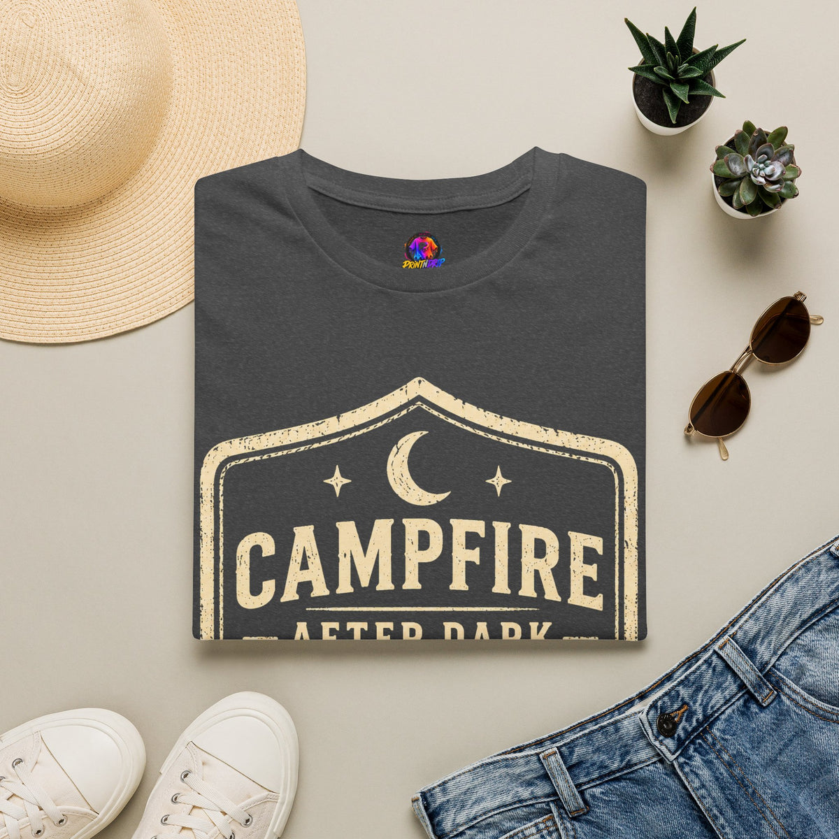 Campfire After Dark T-Shirt — Retro Camping Badge Tee for Outdoor Lovers