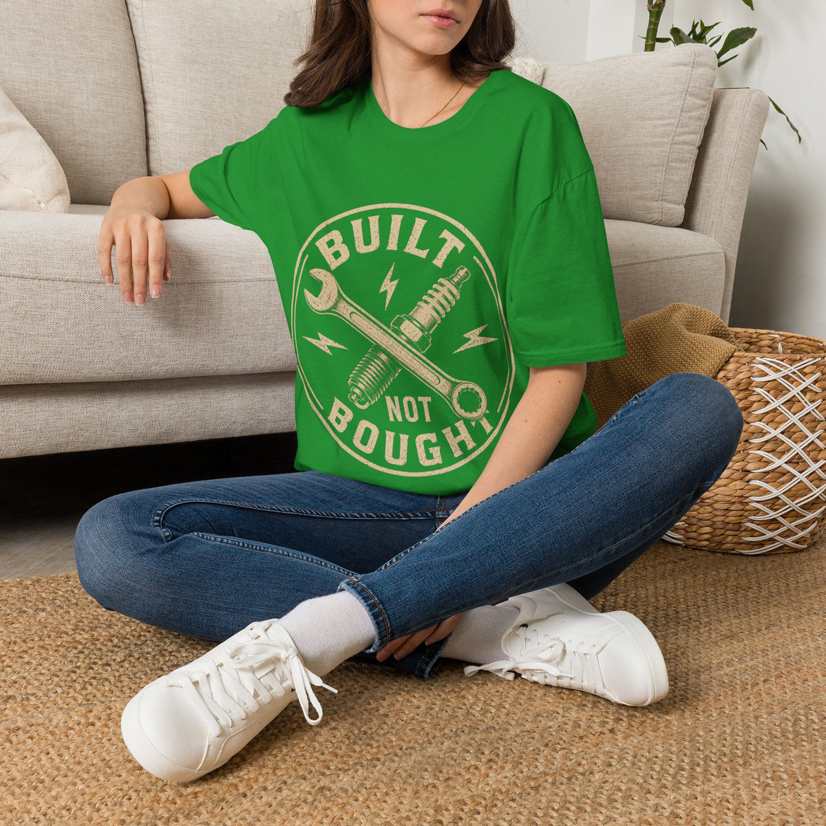 Built Not Bought T-Shirt — Vintage Mechanic Wrench & Spark Plug Design