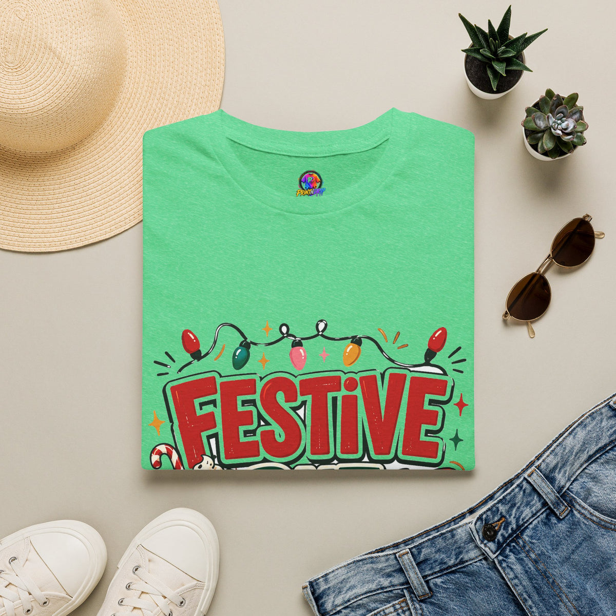 Festive But Tired T-Shirt — Holiday Christmas Crew Tee with Lights & Gingerbread