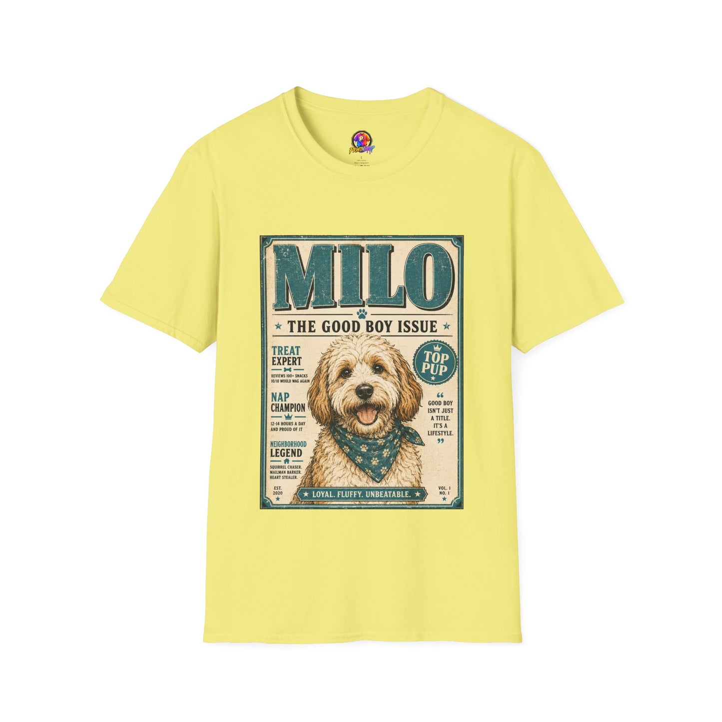 Milo 'The Good Boy Issue' Dog T‑Shirt — Vintage Puppy Magazine Design