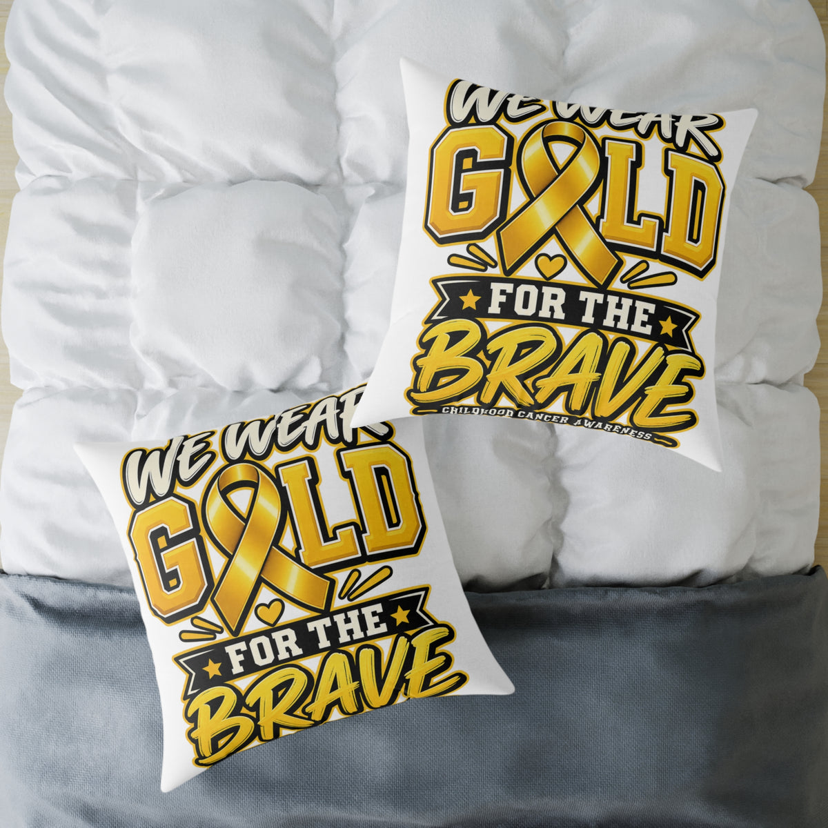 Childhood Cancer Gold Ribbon 'We Wear Gold For The Brave' Square Throw Pillow