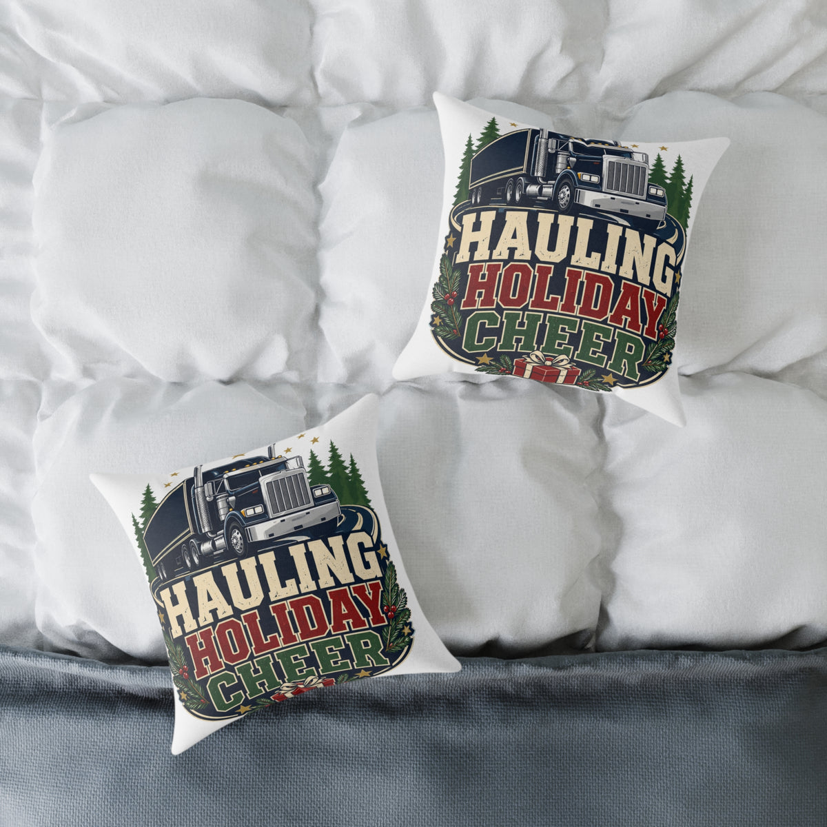 Hauling Holiday Cheer Modern Day Christmas Square Poly Canvas Pillow