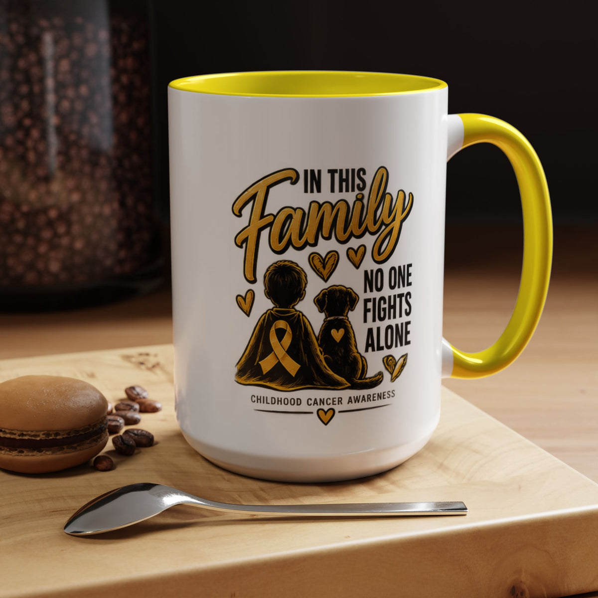 Childhood Cancer Awareness Coffee Mug — "In This Family No One Fights Alone"