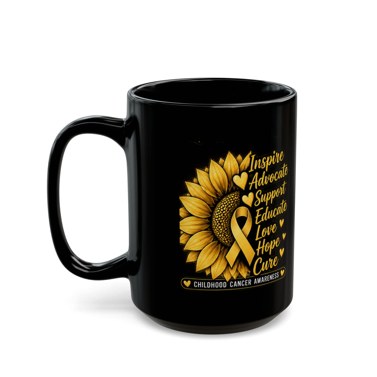 Childhood Cancer Awareness Sunflower Mug – Inspire Advocate Support Educate Love Hope Cure (Black, 11oz/15oz)