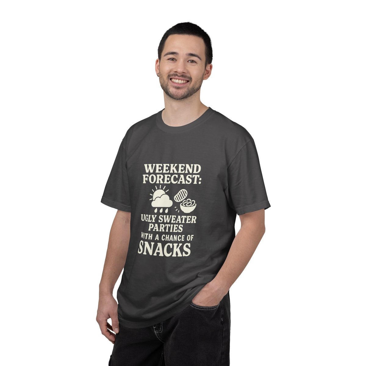 Weekend Forecast T-Shirt — "Ugly Sweater Parties with a Chan of Snacks" Holiday Tee - Trending Now - October 2026