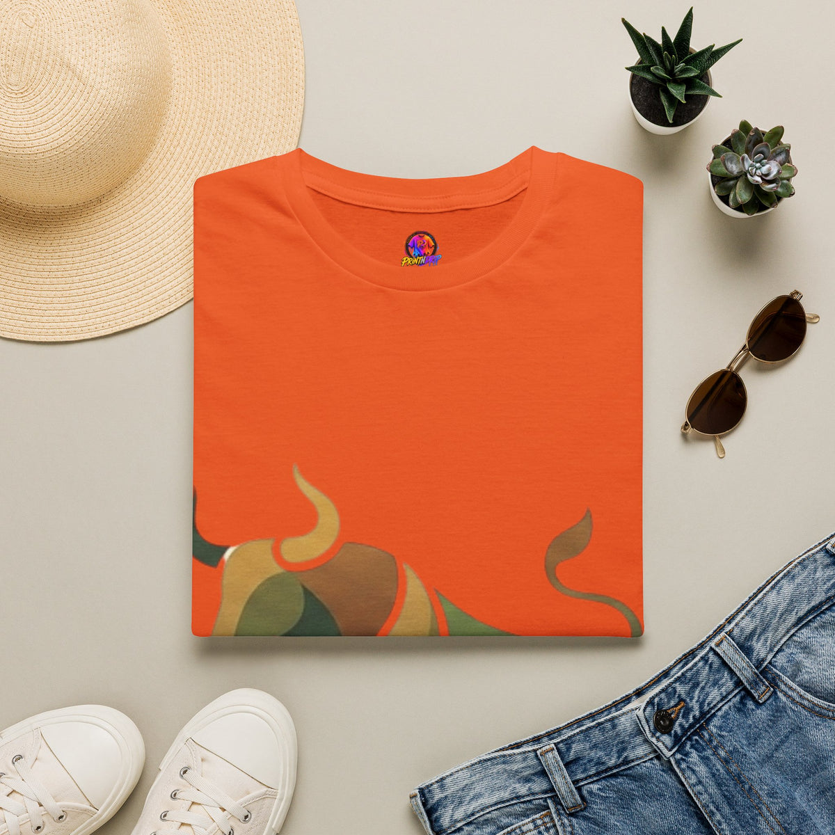 Bull Graphic T-Shirt — Earth Tone Geometric Taurus Design