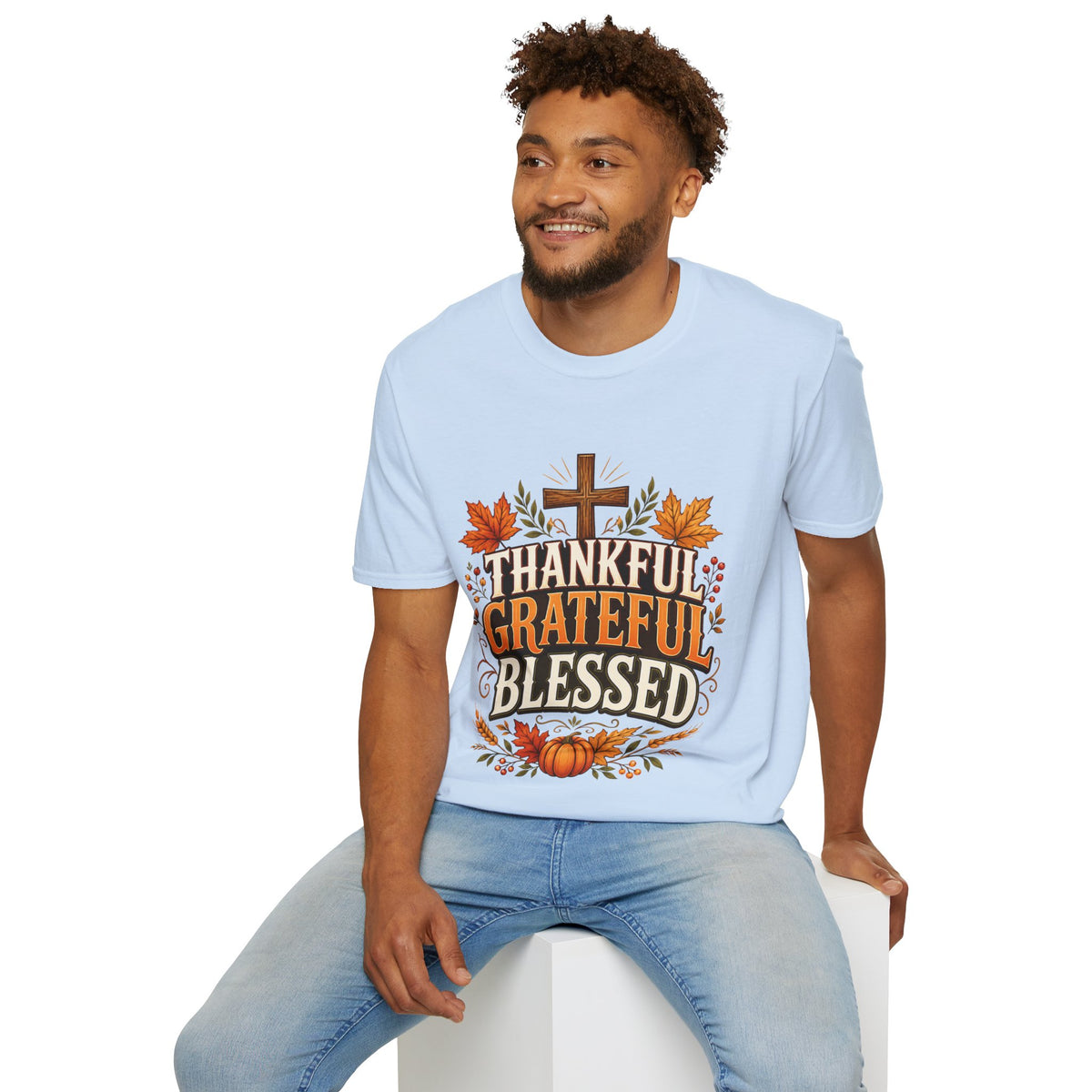 Thanksgiving T-Shirt Thankful Grateful Blessed T-Shirt — Fall Thanksgiving Christian Tee