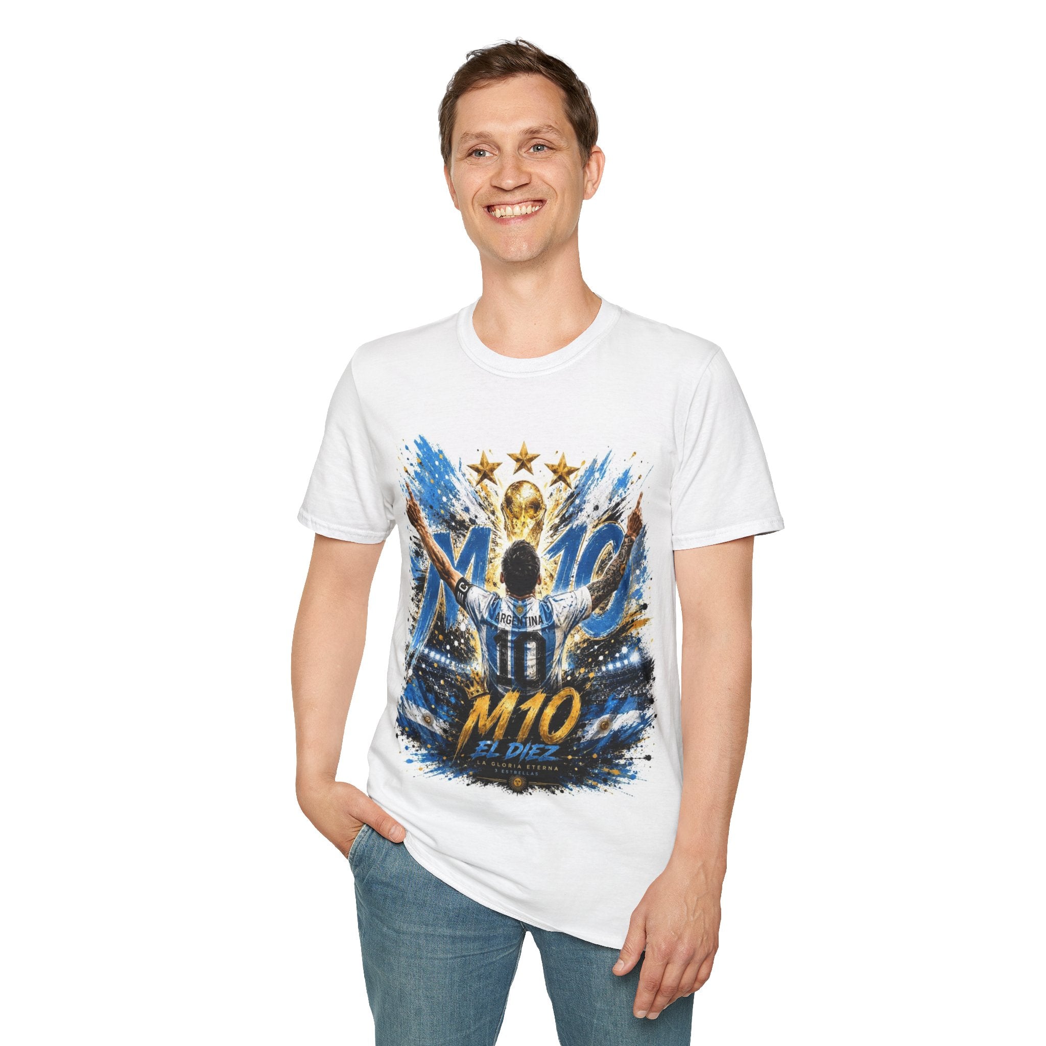 Argentna  Soccer M10 Champion T-Shirt — Gold Trophy & Stars Football Fan Tee