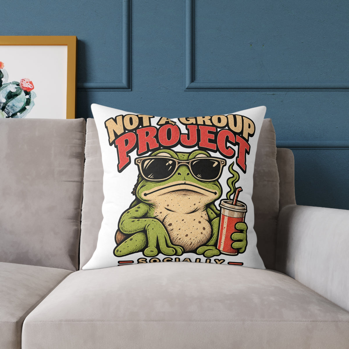 Not a Group Project Frog Pillow — Funny Introvert Decorative Throw Pillow