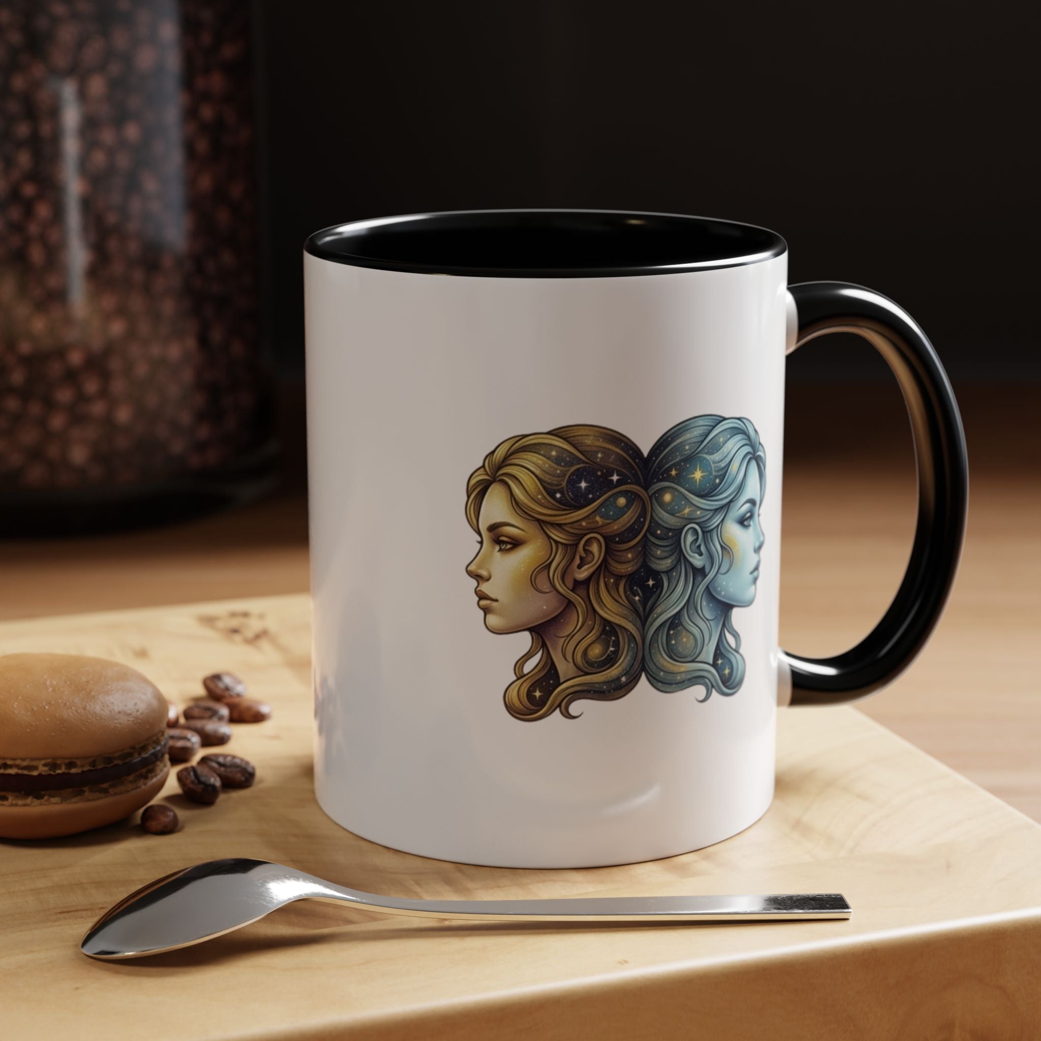 Gemini Zodiac Accent Coffee Mug — Dual Faces Astrology Design