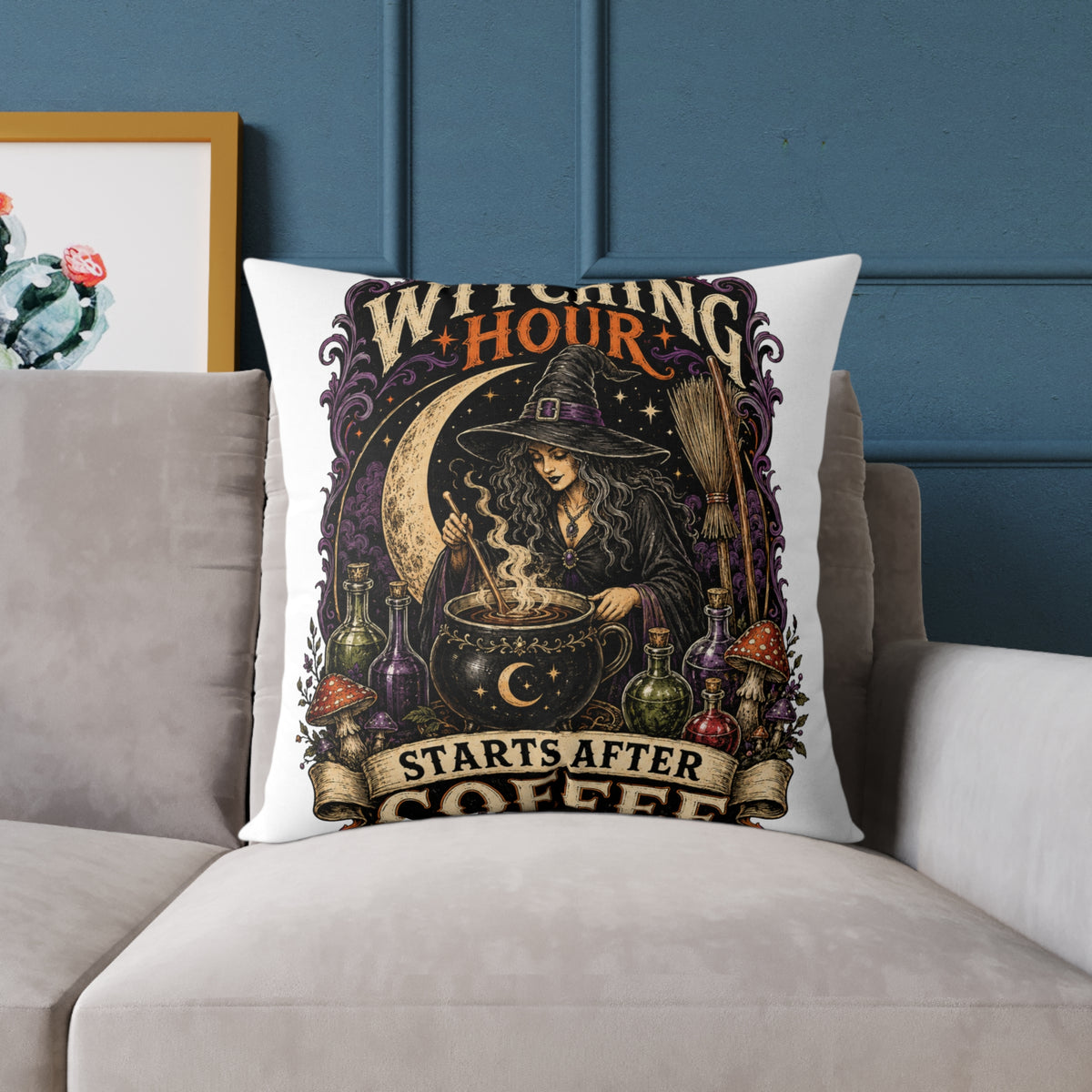 Halloween Witching Hour Pillow — 'Witching Hour Starts After Coffee' Gothic Witch Decorative Cushion