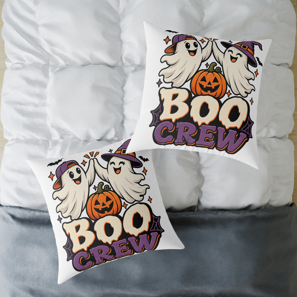 Halloween Boo Crew Pillow — Cute Ghosts & Pumpkin Square Throw Pillow