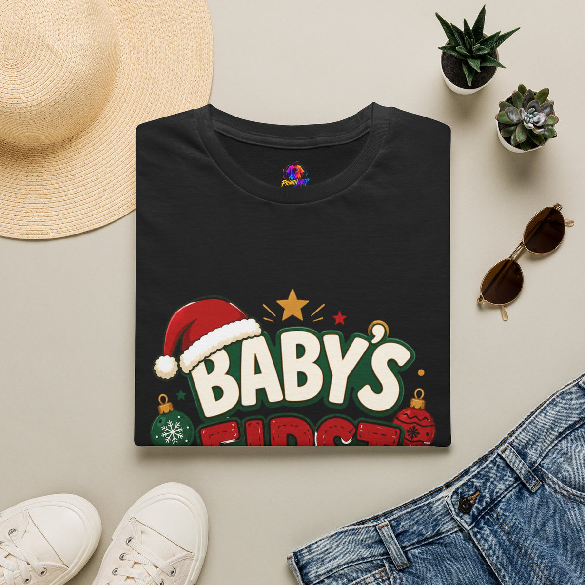 Baby's First Christmas T-Shirt — Festive Santa Hat & Ornaments Holiday Tee