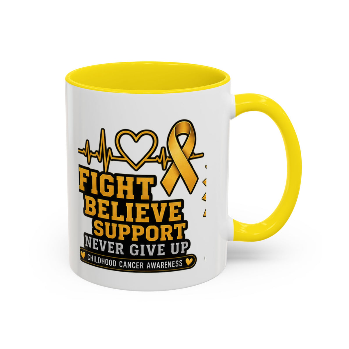 Childhood Cancer Awareness Accent Coffee Mug — "Fight Believe Support" 11/15oz