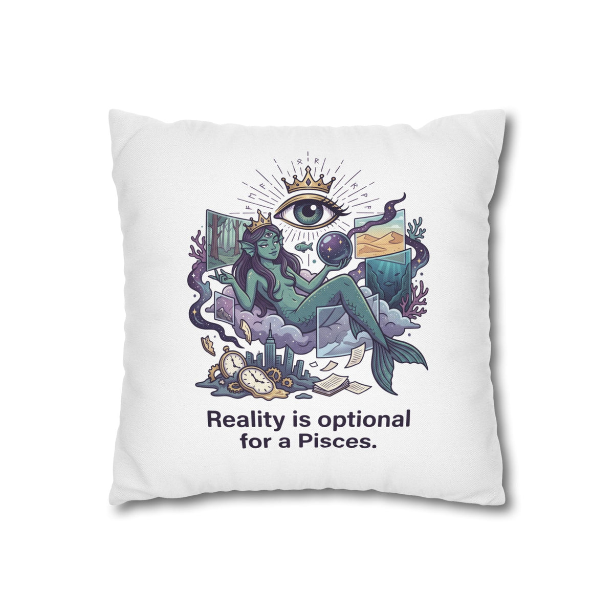 Pisces Mermaid Pillowcase — "Reality Is Optional for a Pisces" Decorative Throw Pillow