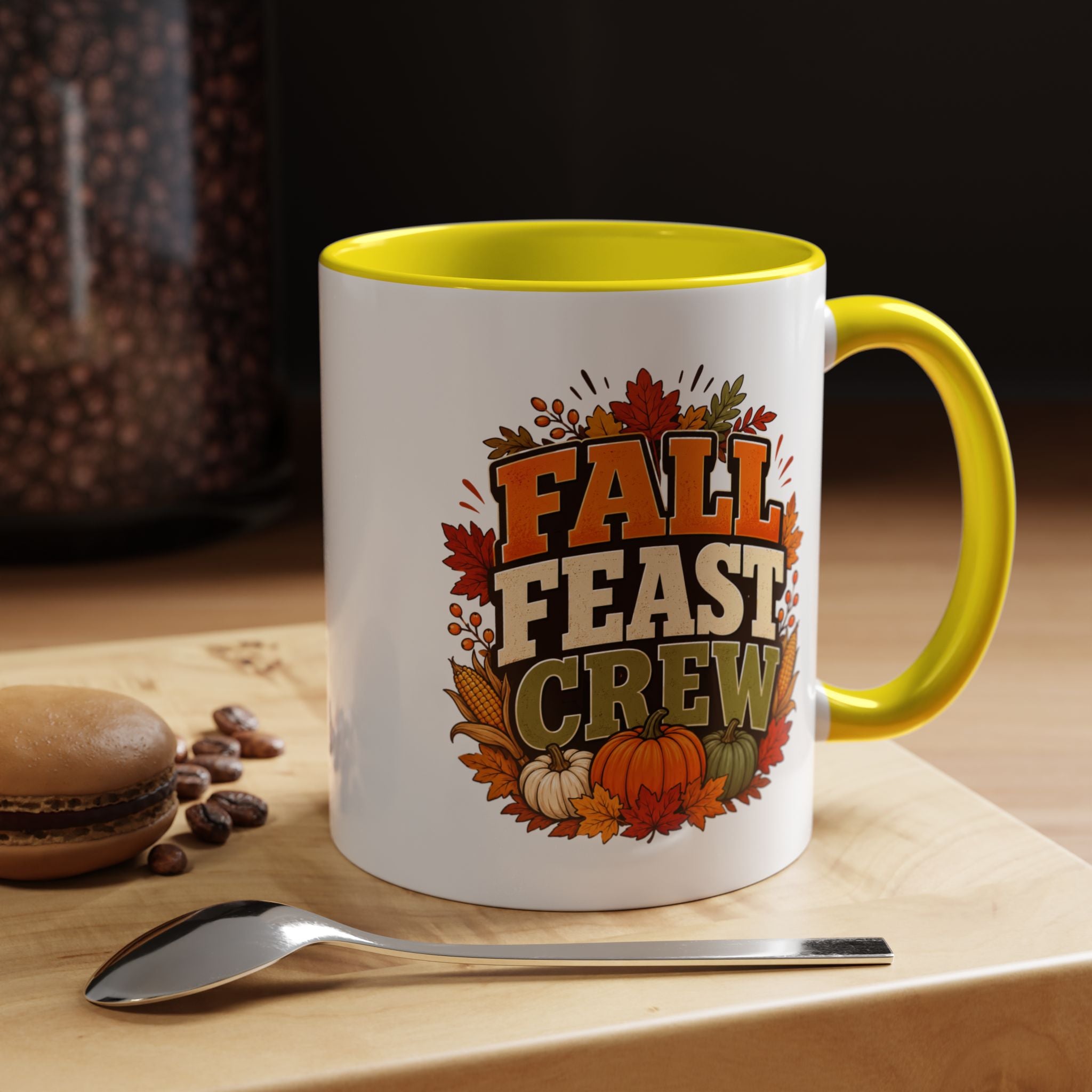 Thanksgiving Mug Fall Feast Crew Coffee Mug — Thanksgiving Pumpkin Autumn Leaves Accent Mug