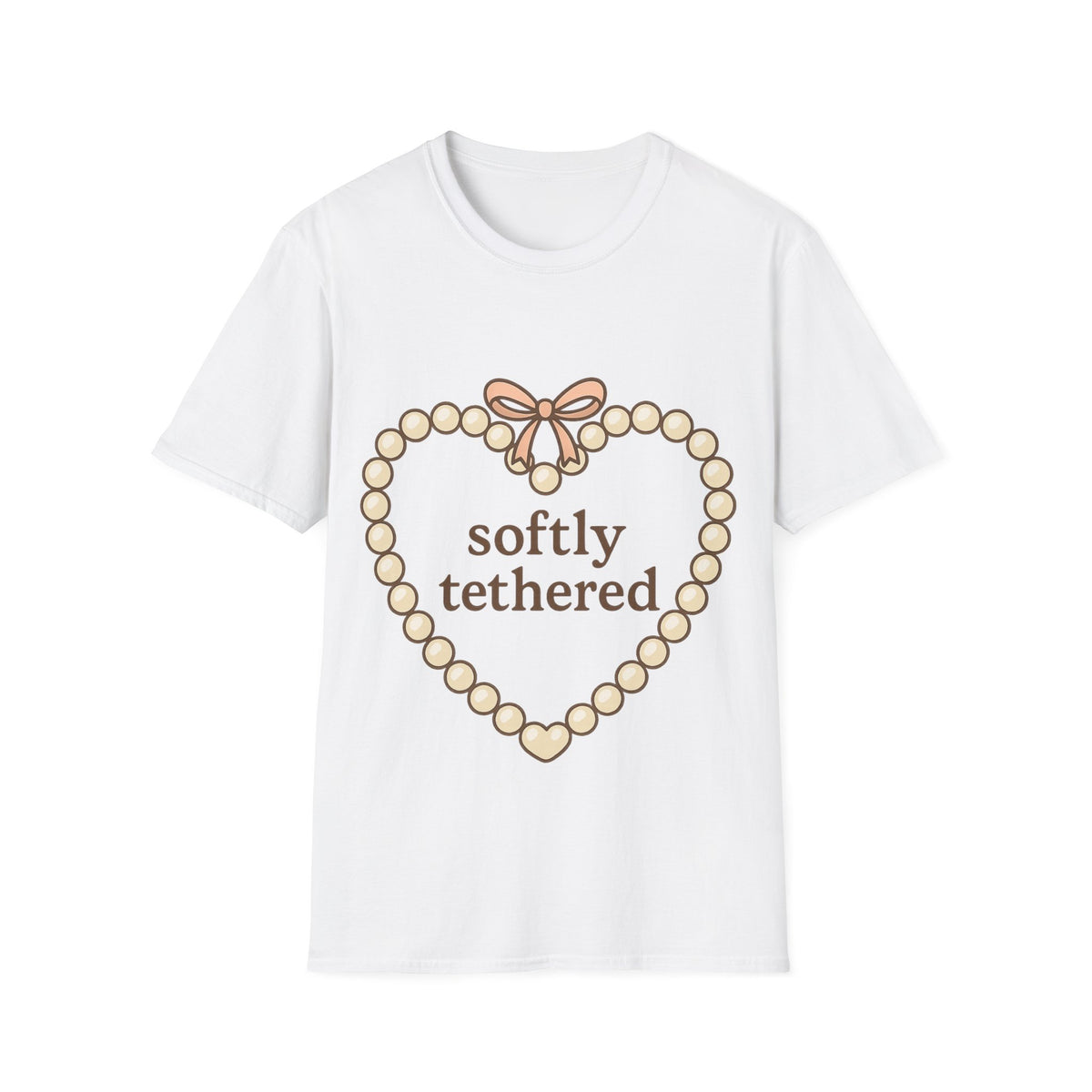 "Softly Tethered" Pearl Heart Ribbon Tee - Cute Coquette Bow Aesthetic White T-Shirt - Trending Now - September 2026