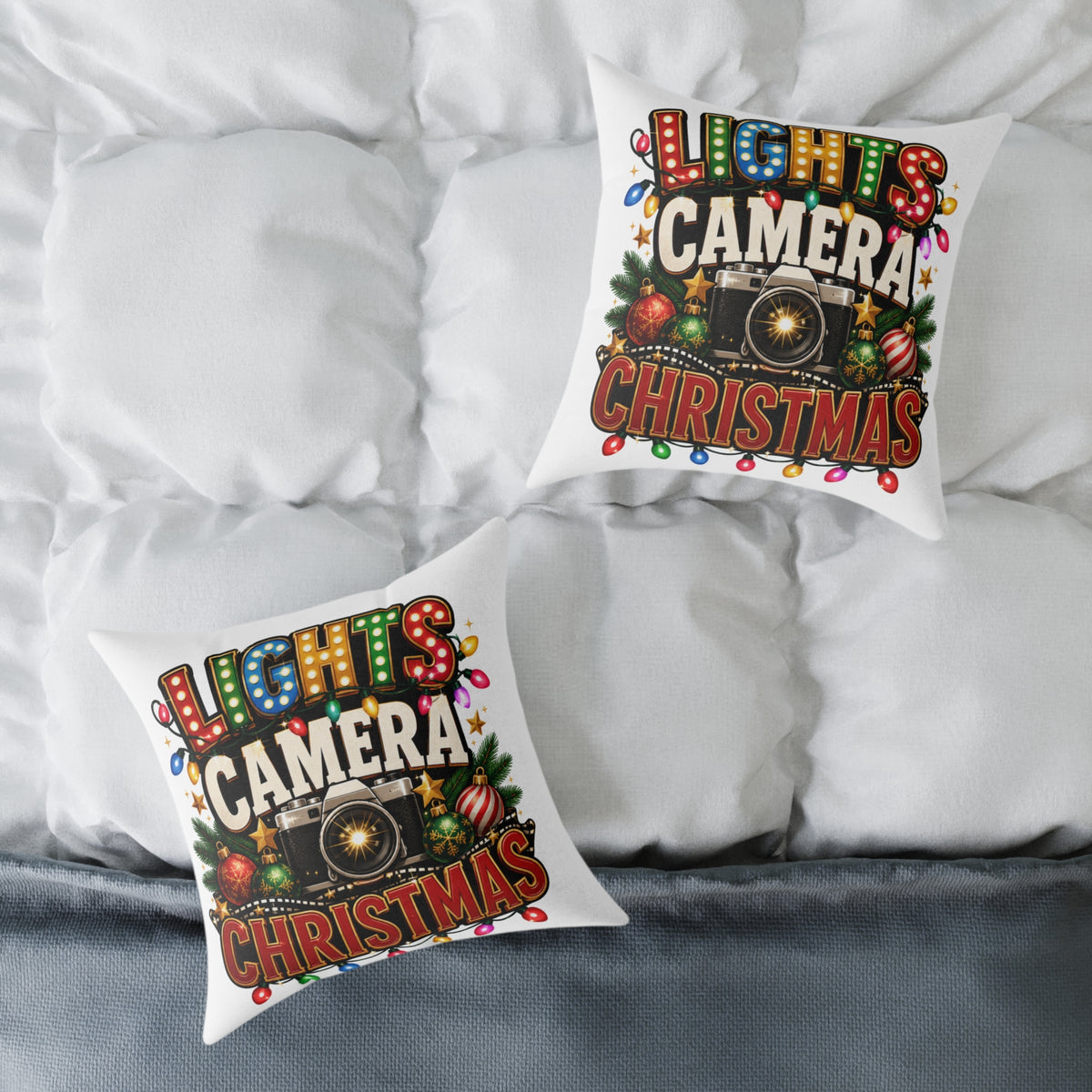 Christmas Photo Pillow - "Lights Camera Christmas" Decorative Square Throw Pillow